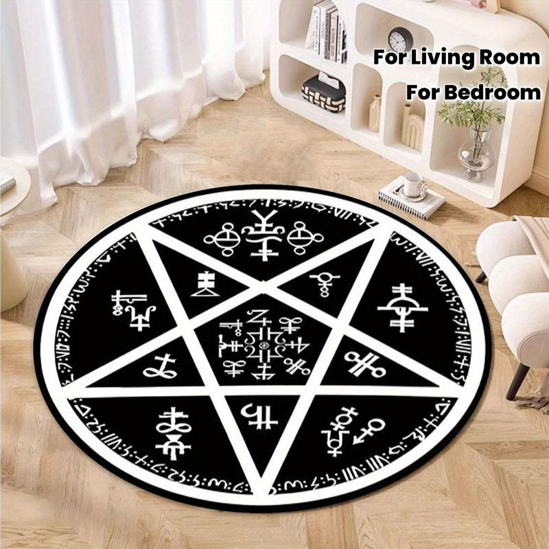 Schwarz-Weißes Pentagramm Runen Runder Teppich, Rutschfeste Wohnzimmer Matte, Dekorativer Teppich für Tarot-Raum und Schlafzimmer