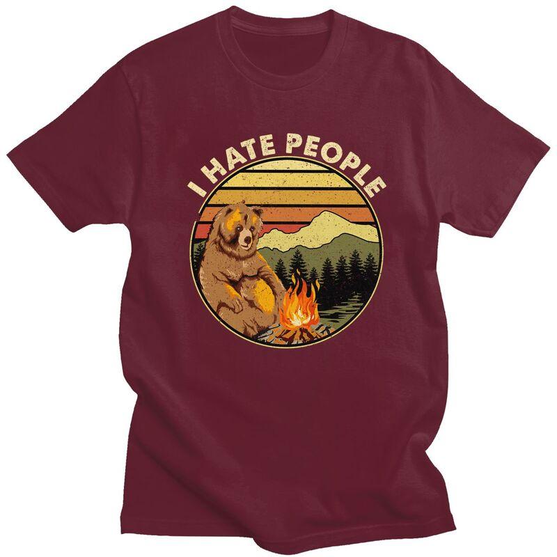 Custom Mens Bear Camping I Hate People T Shirts Short Sleeve Cotton Tshirts Casual Adventure Capmer Tees Loose Fit Clothing
