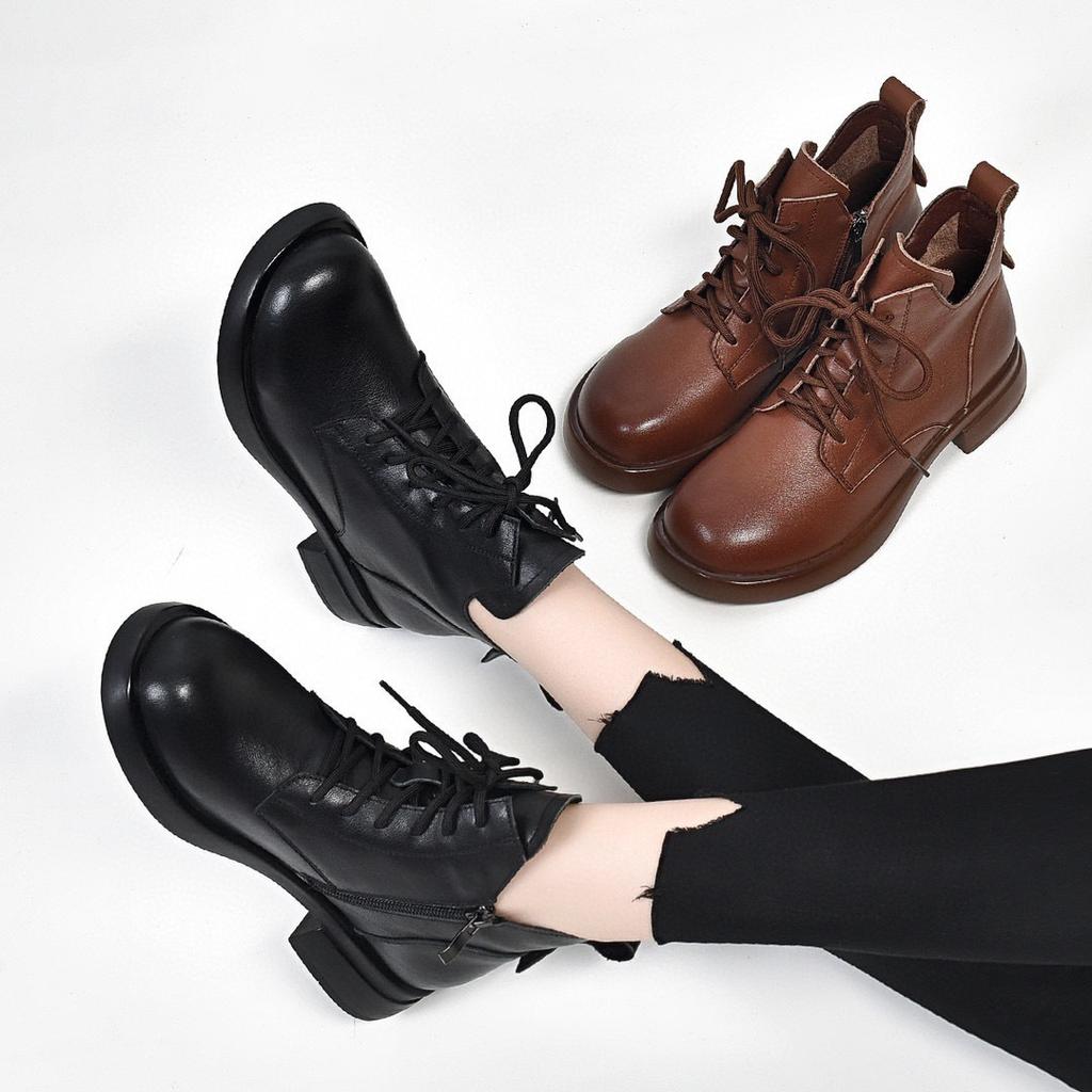 Round head short boots women's boots autumn new flat bottom lace-up Martin boots first layer cowhide comfortable women's leather boots