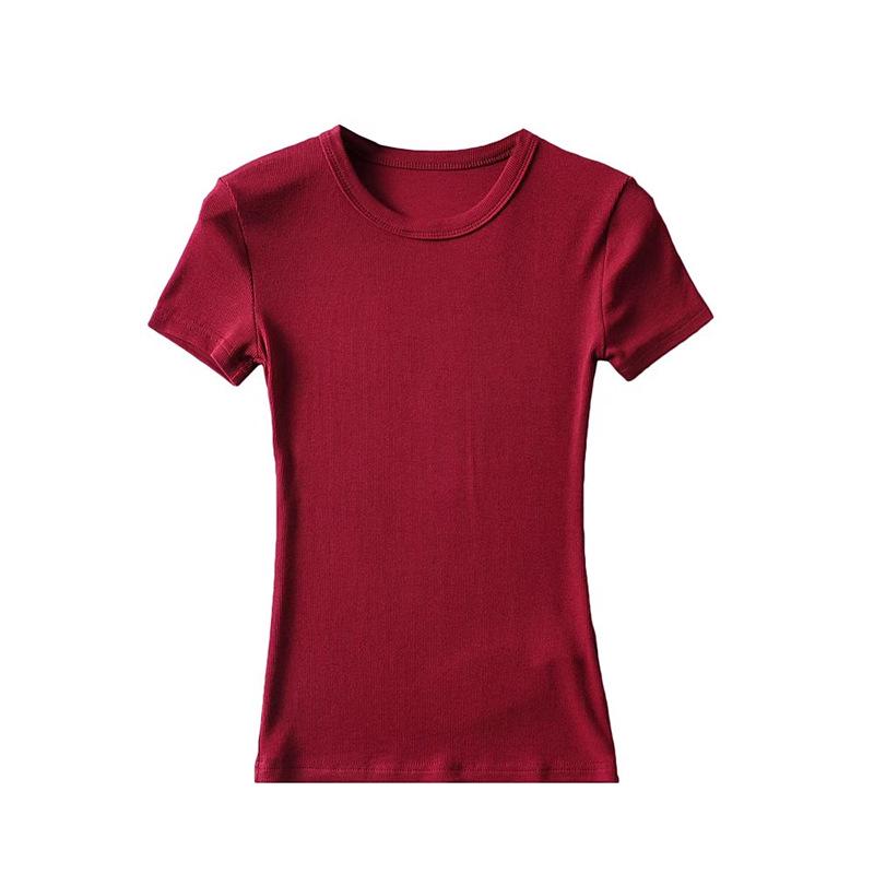 YPFF Summer Women's Solid Color Elastic Thread Basic Short-Sleeve Round Neck Top