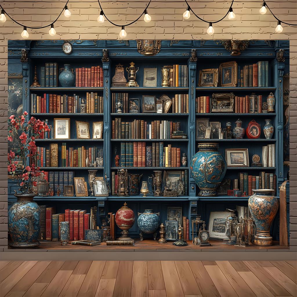 1pc 2D Flat Banner Elegant Blue Bookshelf Background with Floral Decoration No Power Required