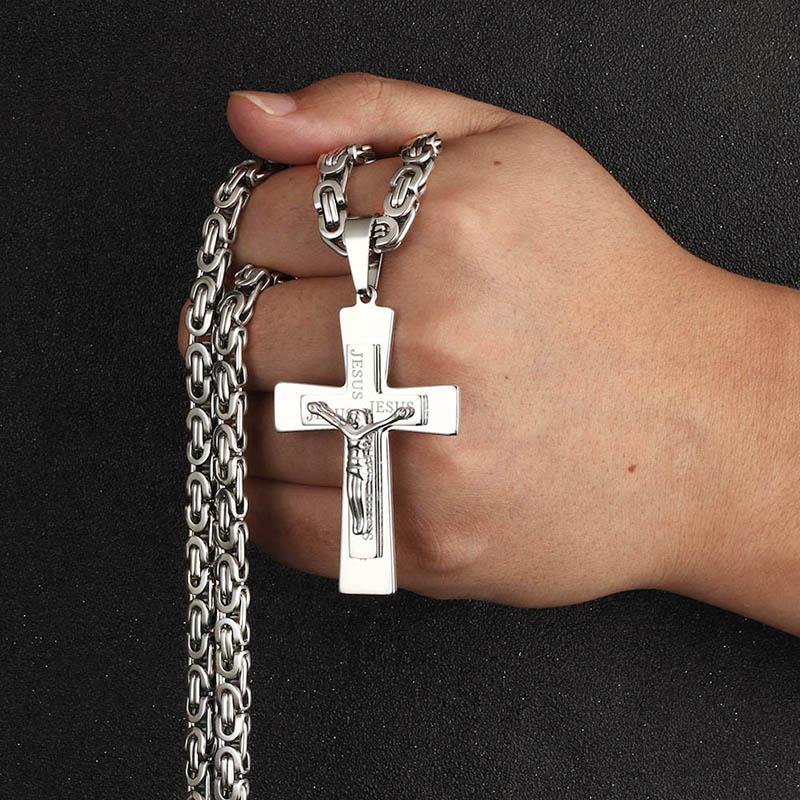 Jesus Stainless Steel Cross Pendant Necklace Men Link Chain Charm Necklace Cool Boys Orthodox Pendant Necklace Jewelry Gift
