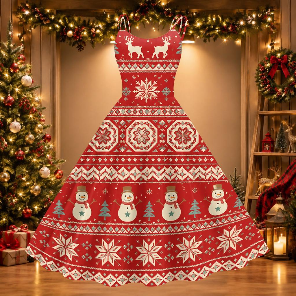 Women's Sexy Off Shoulder Christmas Print Retro Dress for Party