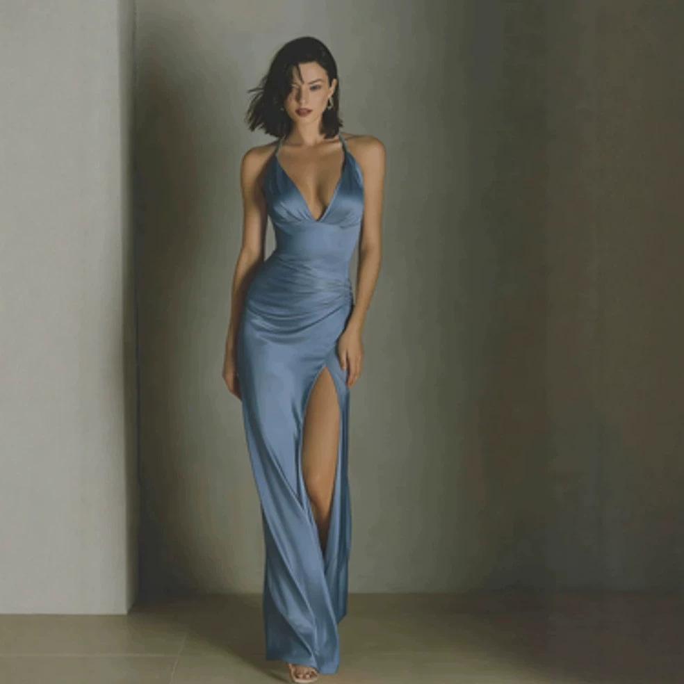 Rochie lungă satinată sexy europeană și americană de vară, fustă rochie șampanie high-end, spate decupat, talie faldată