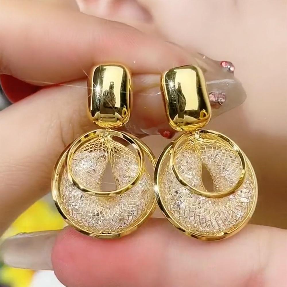 New High-end Retro Fashion Temperament Earrings with Gold Wire Mesh and Circle Earrings for Women