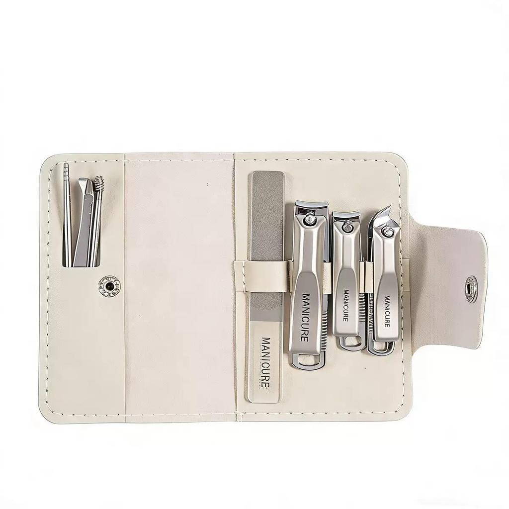 Precision German Nail Clipper Set: Portable Manicure Tools with Leather Case, Including Tweezers and Ear Spoon for Home Use.