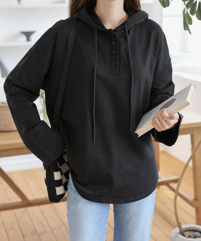 Loose-Fit Drawstring Button Long-Sleeve Hoodie