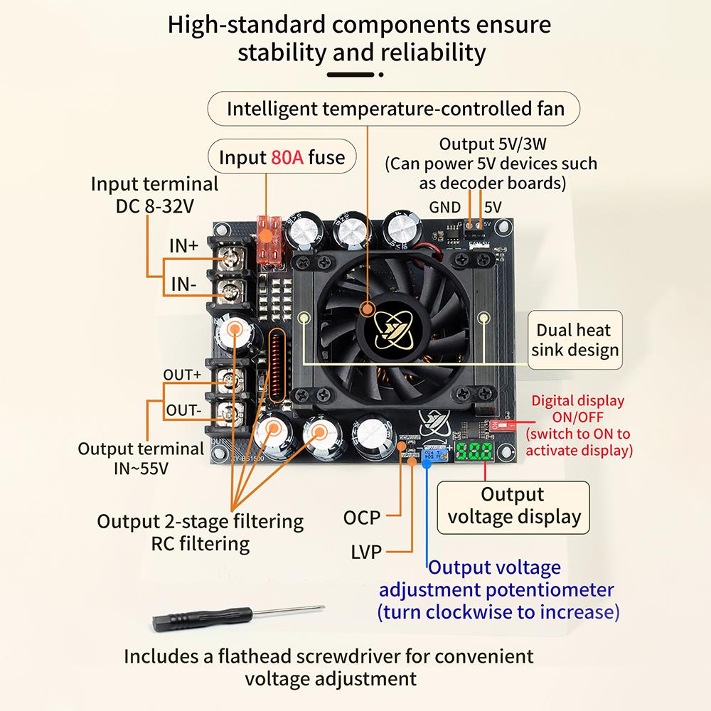 Adjustable Boost Power Module 900W/1500W/3000W Full Power Output Low Ripple 12V 25A Dedicated Audio Amplifier Power Supply
