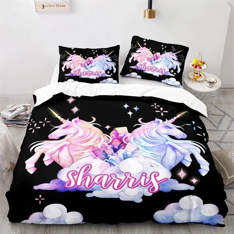 Cartoon Unicorn Floral Rainbow Girl's Eyelash Comfortable Duvet Quilt Cover Pillowcase Bedding Set Children Bedroom Home Textile