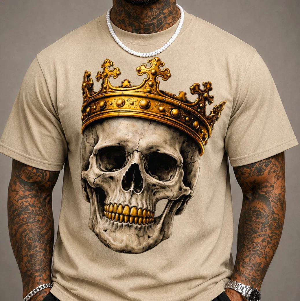 Gold Crown Skull Shirt Gothic King Skull Graphic Tee Streetwear Unisex M