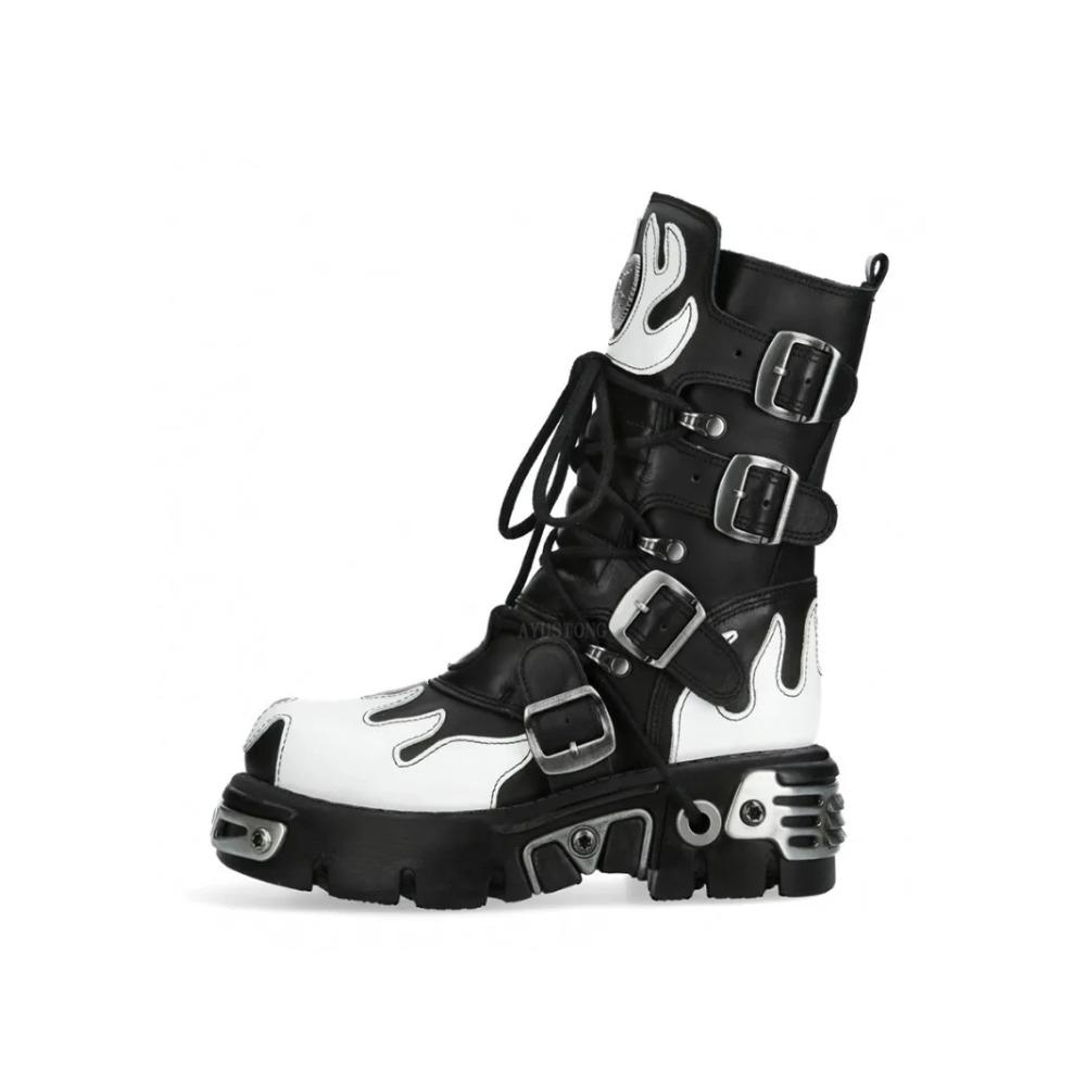 Men's Flame Metallic Goth Skull Punk Motorcycle Boots Platform Mid-Calf Boots Rock Round Toe Zip Women Western Biker Fashion