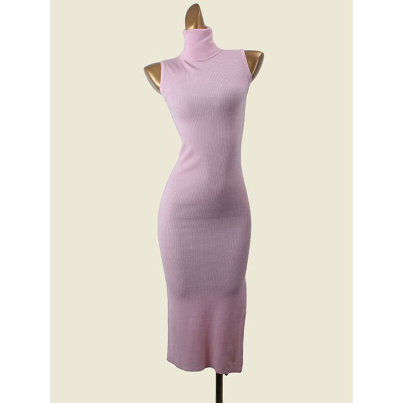 Fashion Style Turtleneck Sleeveless Wool Knitted Vest Skirt Autumn Skinny Slimming Split Pink Sheath Dress Women