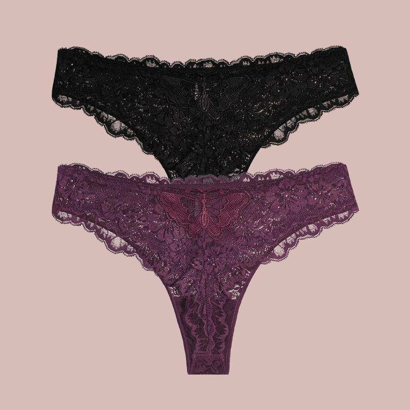 2Pcs Lace Butterfly Print Women's Underwear Sexy Hollow Out Thongs Trendy Breathable Panties Lady Perspective G-String Lingerie