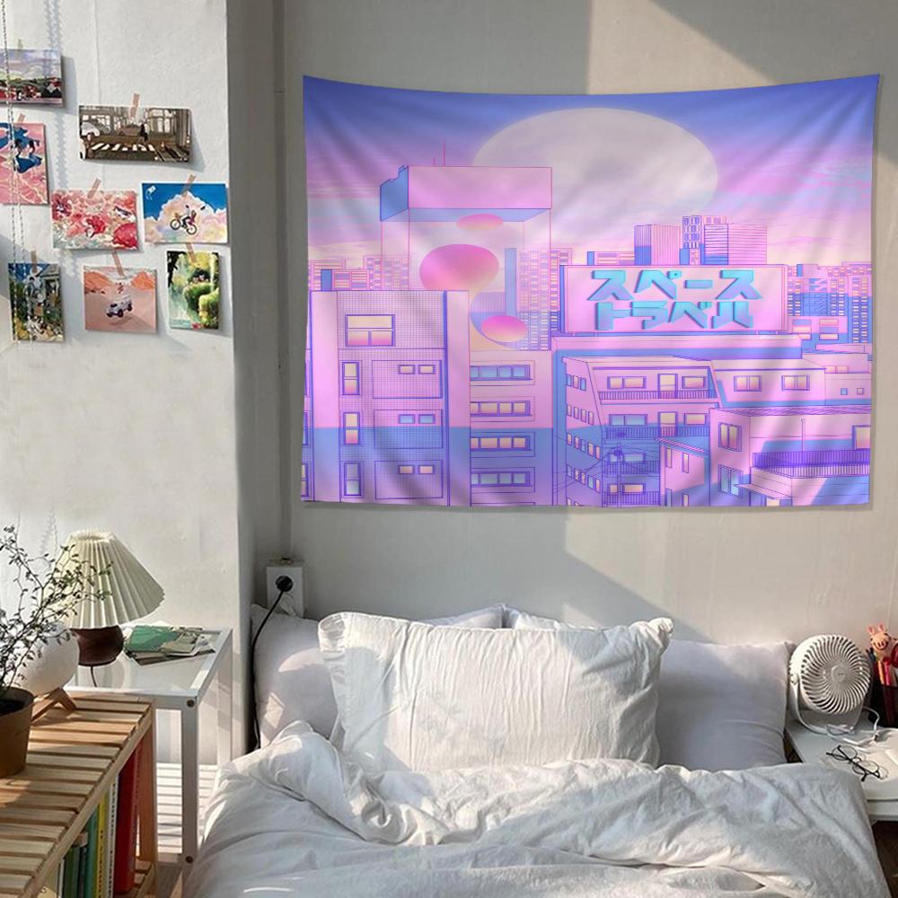 80S Vaporwave Style City Night Street Cat Cartoon Tapestry Wall Hanging Decoration Household Home Decor