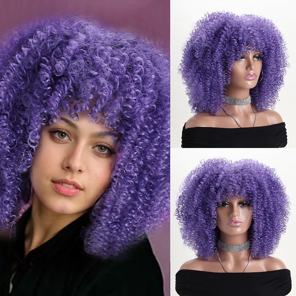 16 Zoll Afro Kinky Curly Synthetikhaar Gradient Lila Perücken mit Pony Weiche Flauschige Faser Perücken für Party Cosplay Tägliche Nutzung