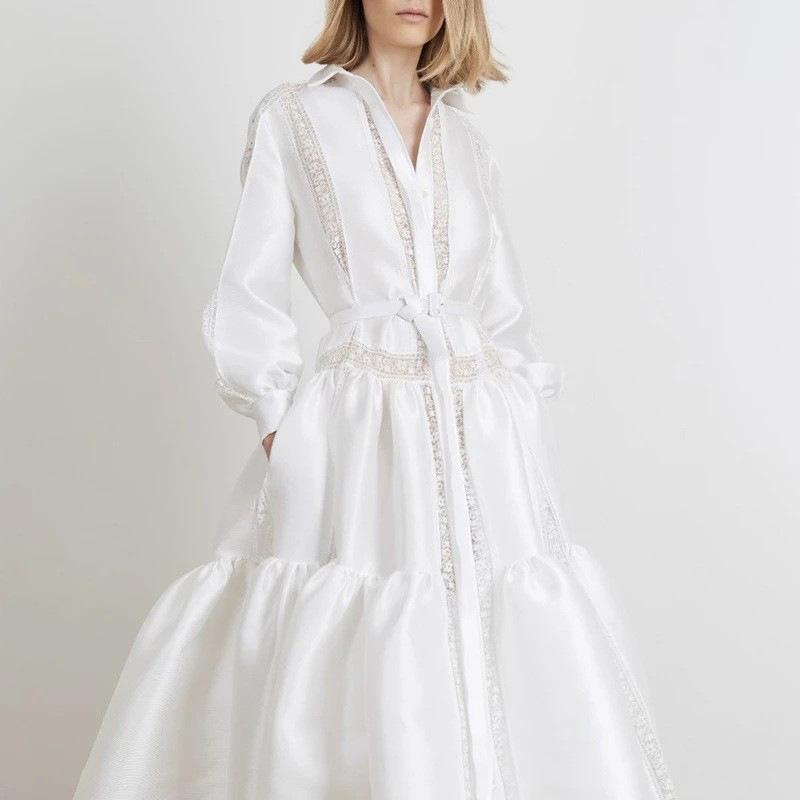 European And American Autumn And Winter New Models, Women'S Lace Splicing White Long-Sleeved Casual, Dress Women