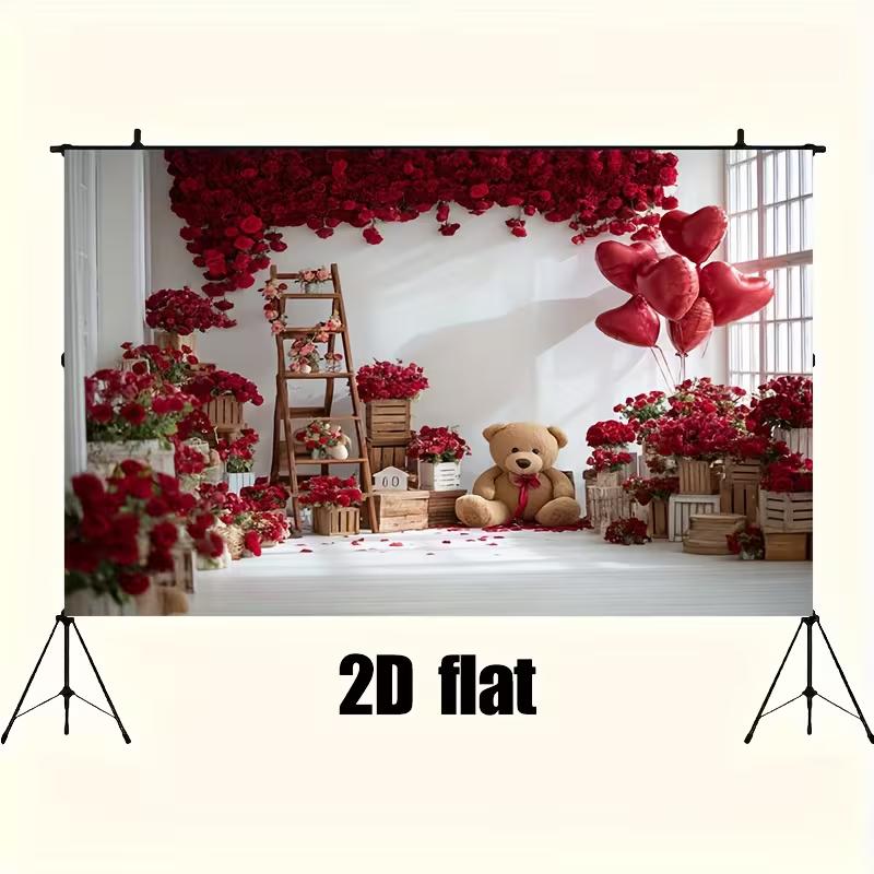 Bannière 2D Plate Mignonne Ours en Peluche & Rose Rouge Thème Amour & Saint-Valentin Fond pour Séances Photo