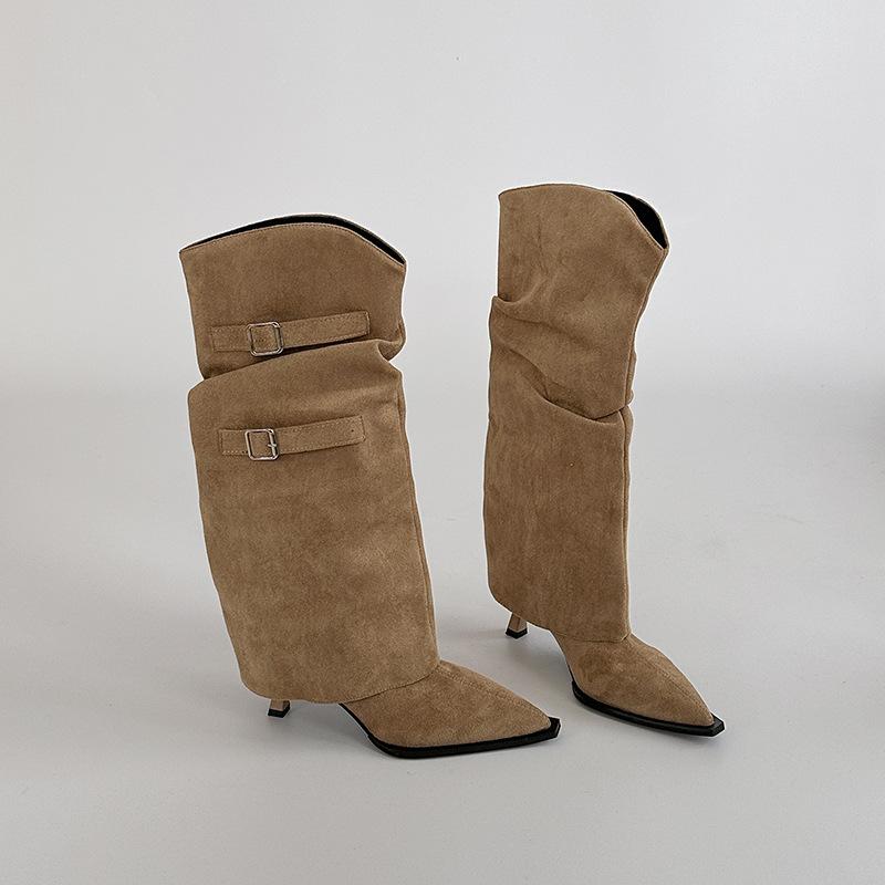 

Fashion tribe retro design sense belt buckle pointed trousers boots women s 2025 autumn and winter new thin heel high heel boots 40 хаки