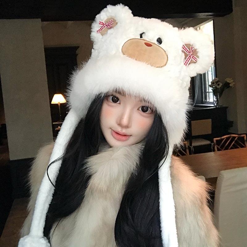 Sweet and Cute Furry Bow Bear Lei Feng Hat Winter Women's Versatile Face Small Cold Warm Hat