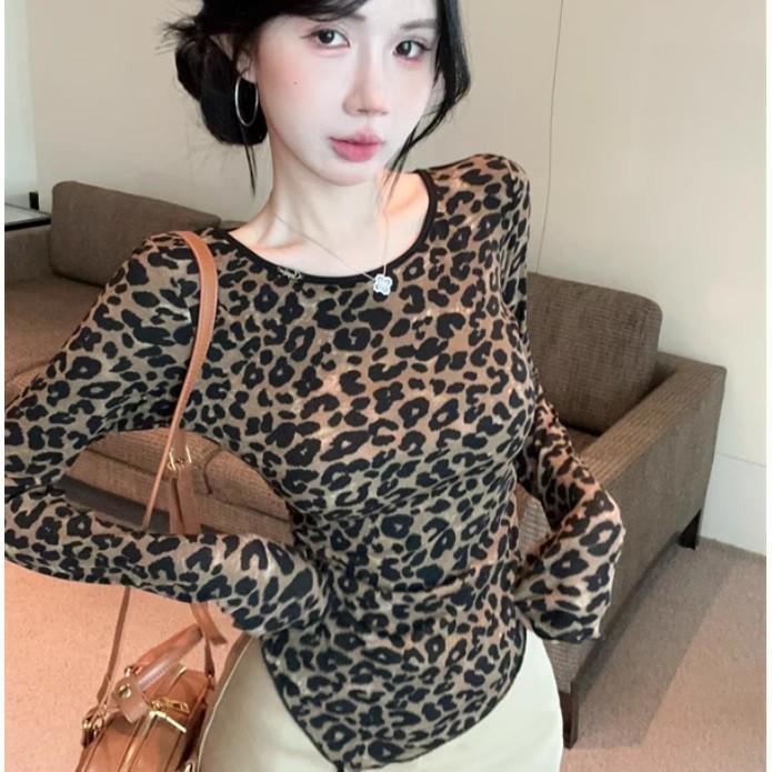 Chic Retro Leopard Print Lace-Up Backless Long Sleeve Top