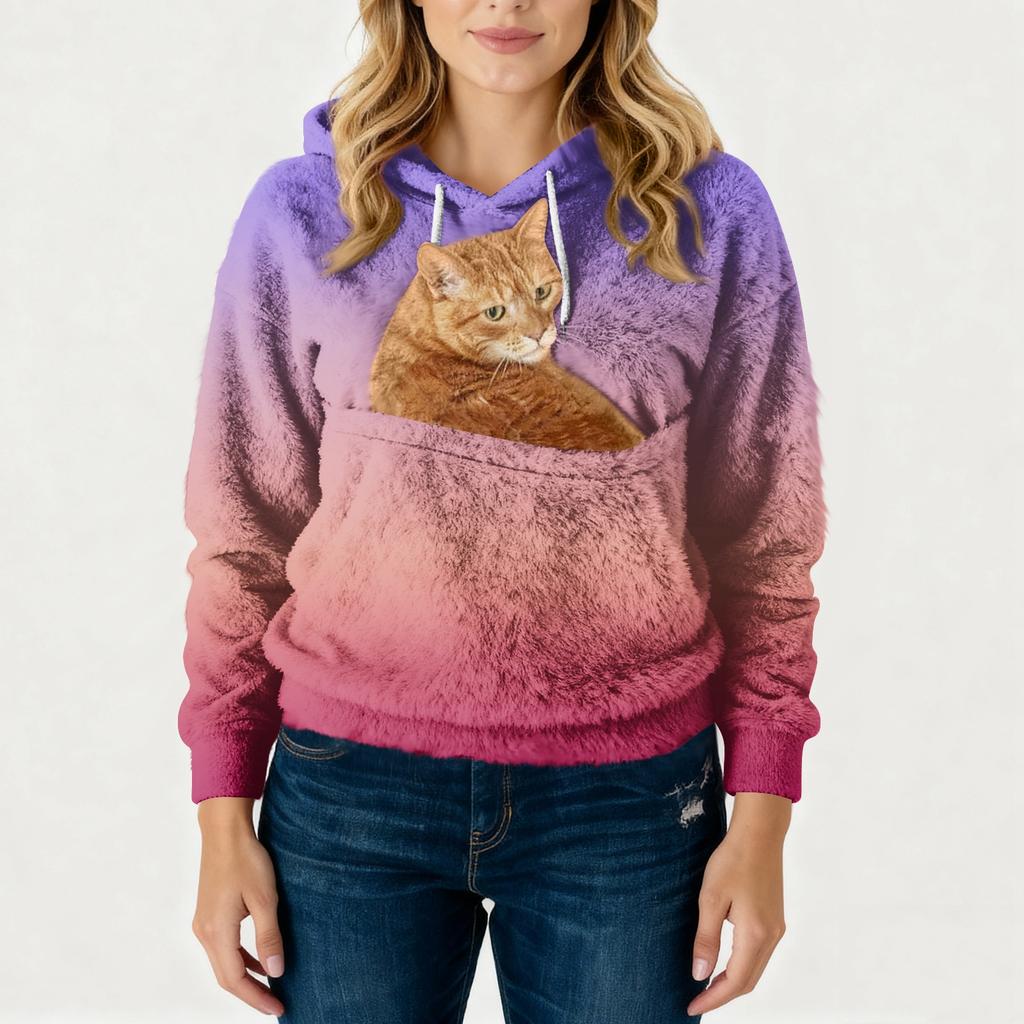 Damen Modisches Lässiges Fleecegefüttertes Langarm-Taschen-Kapuzen-Sweatshirt mit Aufdruck