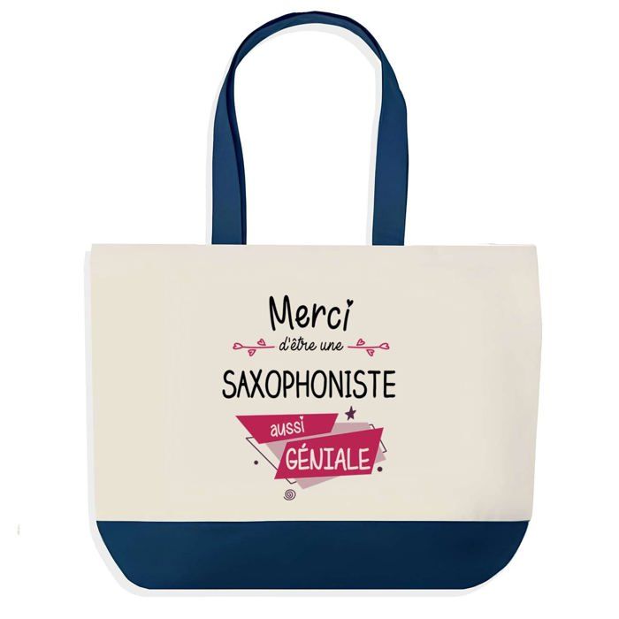 Tote bag - PLANETEE - Sac fond bleu "Merci Saxophoniste Géniale" - Coton 40x45 cm - Sans fermeture