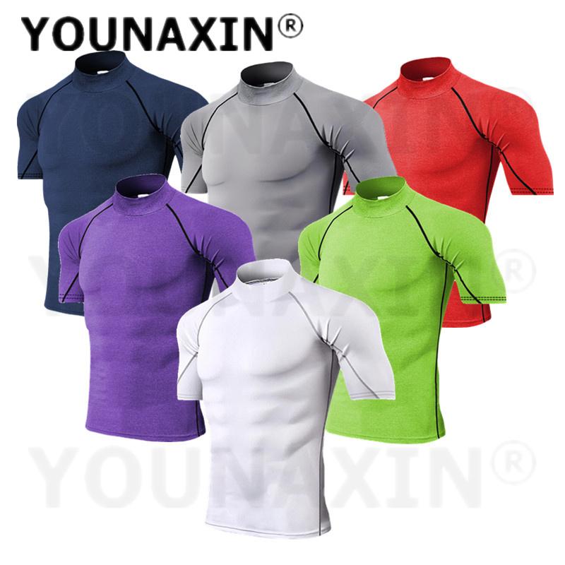 Europe Size Running Men's High-necked Sports Clothes Short Sleeves T-shirts Fitness Yoga Training Quick-drying Cycling Tights Top XS S M L XL 2XL