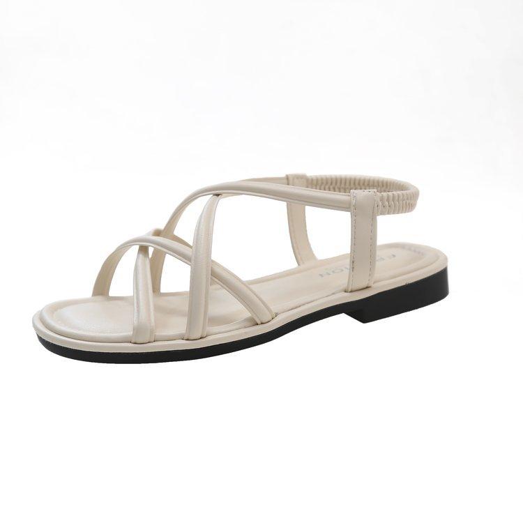 Fashion Comemore 2025 Summer New Flat Sandals Women Cross Strap Open Toe Elastic Women Shoes Casual Solid Beach Soft Bottom Sandales