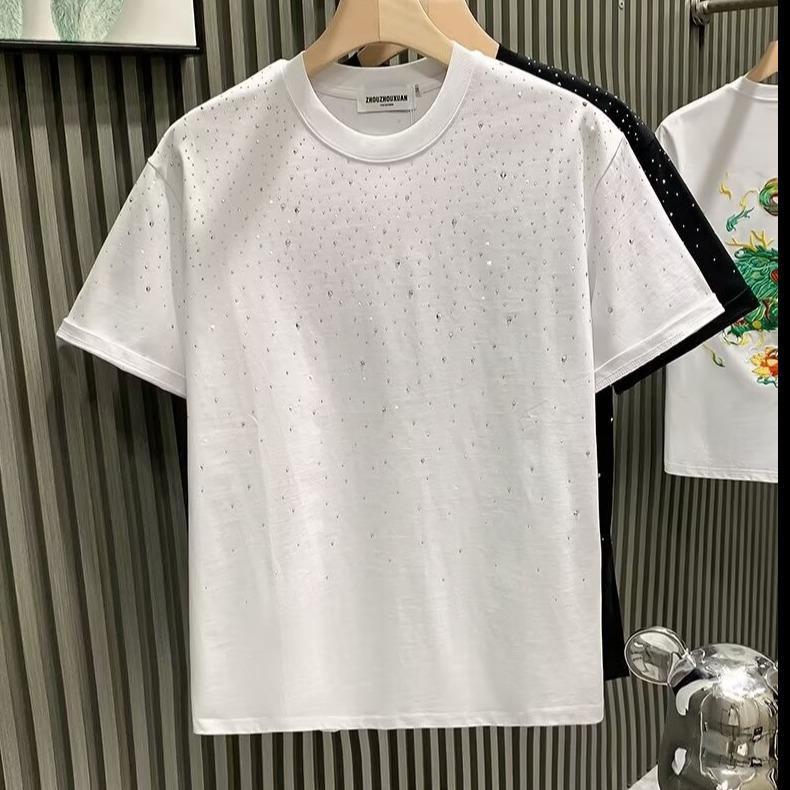 Sommer Herreklær Sommer Rhinestone Nagle T-skjorte Rund Hals Casual T-skjorte Koreansk Versjon Herre Kortermet Tee