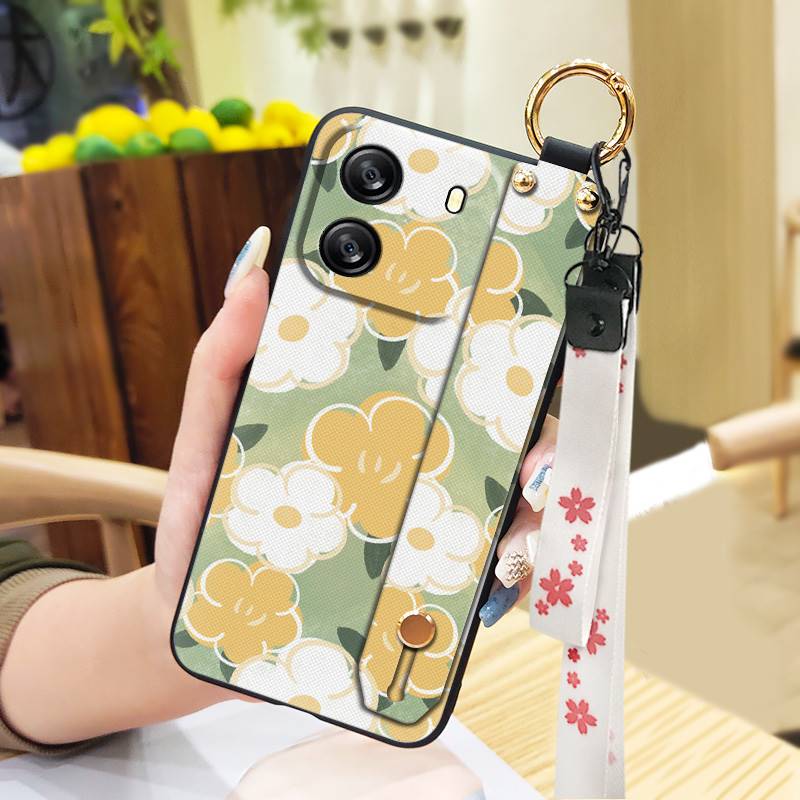Protective Anti-dust Phone Case For Blackview Wave 6C Kickstand Ring Lanyard Soft Case Phone Holder Anti-knock Flower
