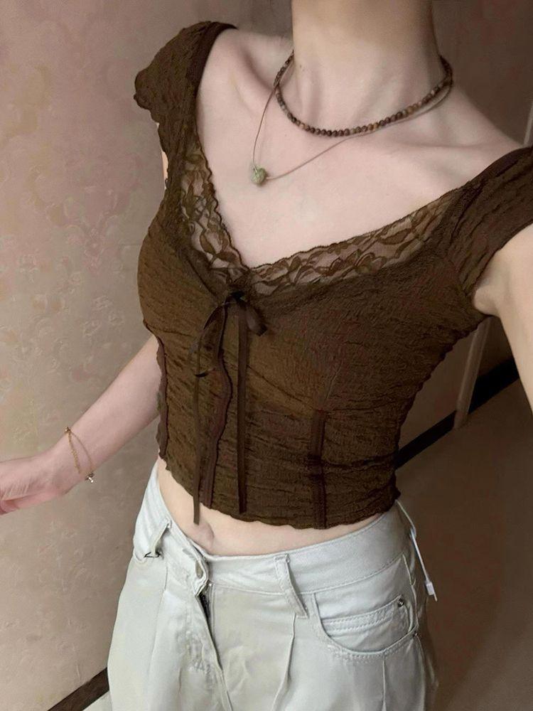 Pure desire short temperament lace V-neck top front shoulder short-sleeved T-shirt women's summer slim and thin Spice girl lace-up top