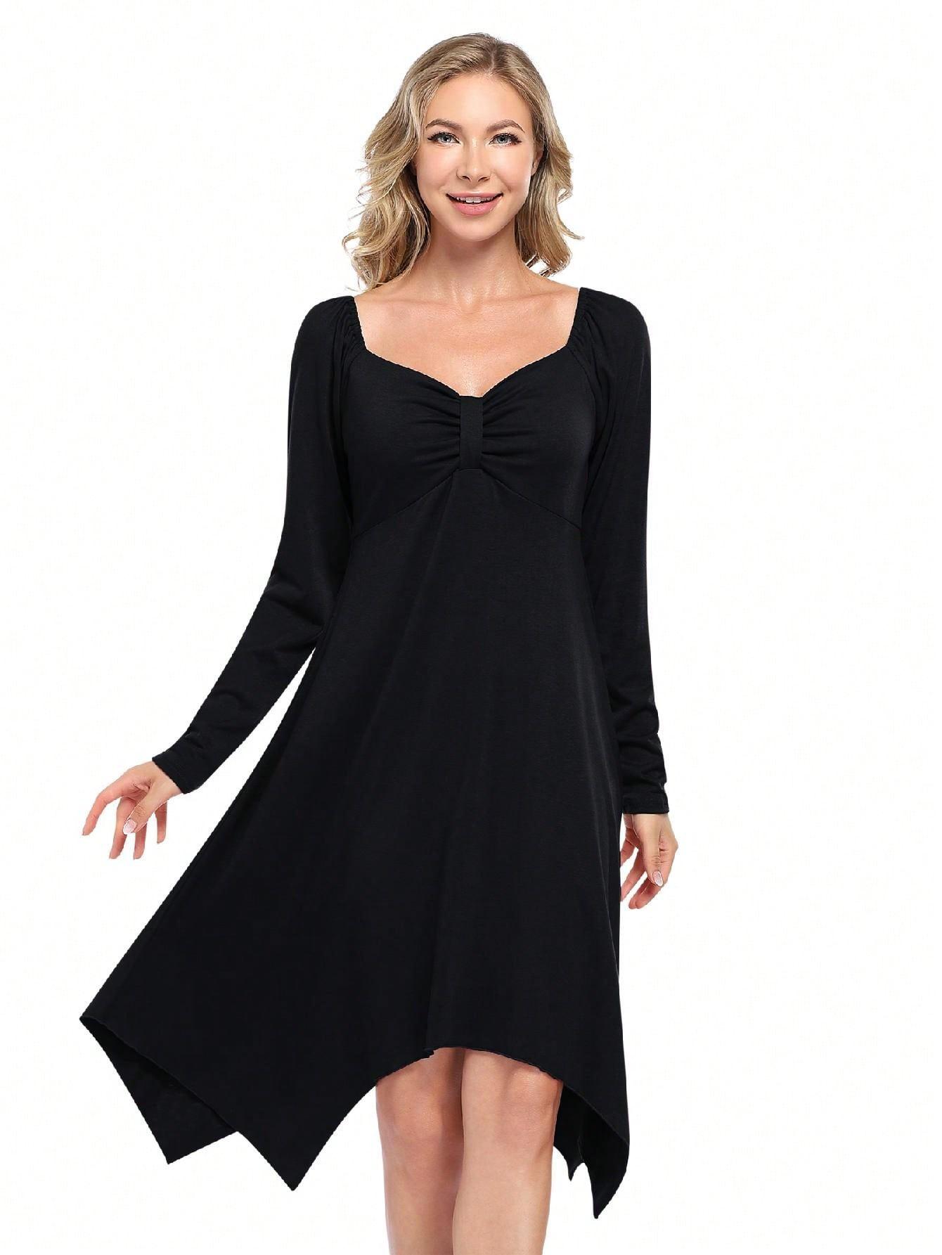 

Elegant European & American V-Neck Pleated Asymmetrical Hem Black Long-Sleeve Mid-Length Skirt for Spring & Autumn Small (S) чорний