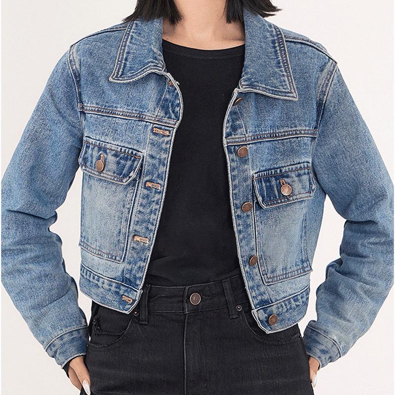Women's Emerald Blue Retro Denim Jacket - Comfortable Long Sleeve Lazy Style