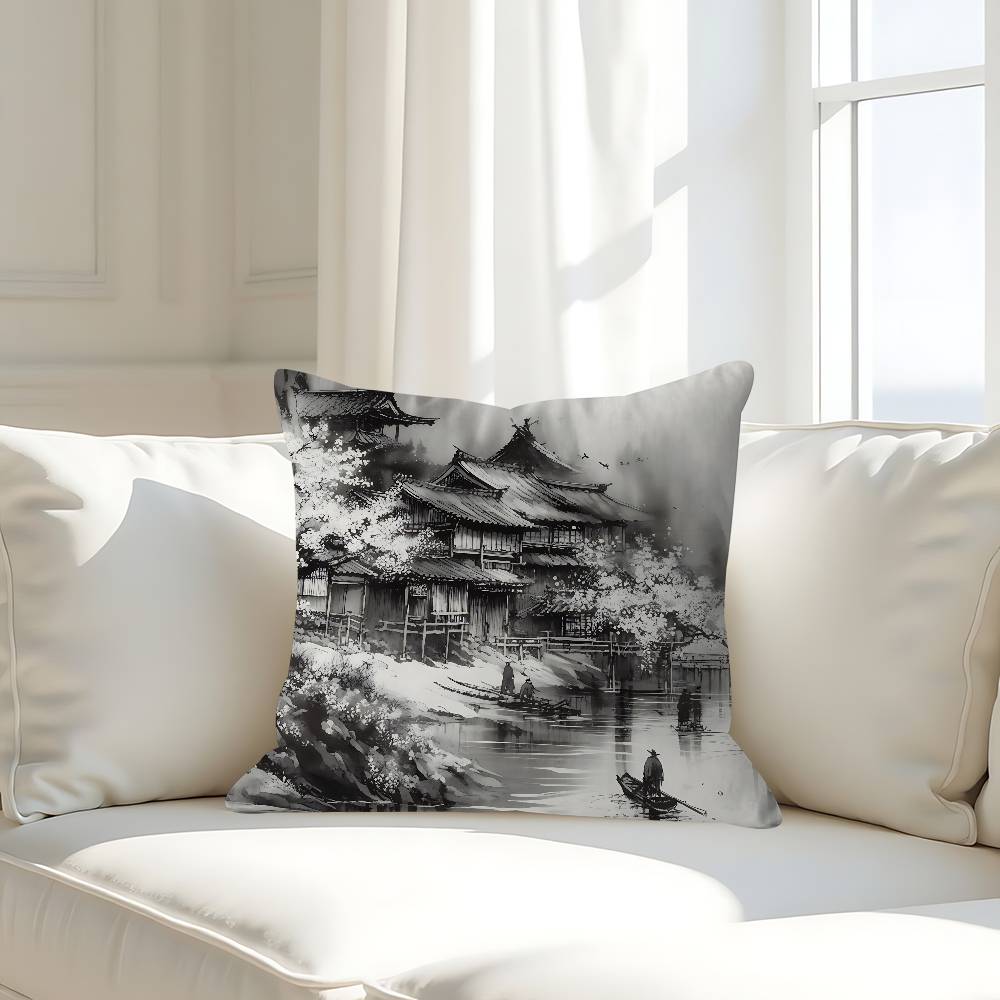 

Chinese Style Ink Wash Painting Pillow Case Removable Washable Cushion Cover – All-Season Soft Linen 16x16Inch