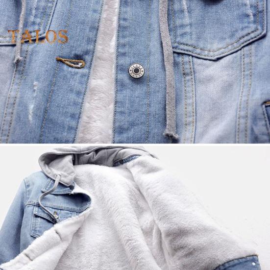 Women Jacket Thick Fleece Lined Solid Color with Pockets Lapel Single-breasted Long Sleeves Warm Loose Denim Jacket Daily Outdoor Coat