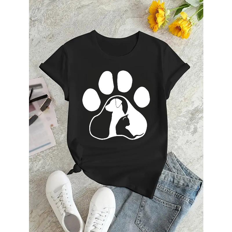 Women Casual Sports T Shirt Round Neck Short Sleeve Cat Dog Paw Print Comfortable Summer Top
