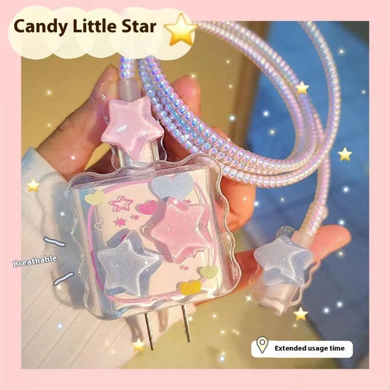 Kawaii Cute 3D Star Love Heart Wave Border Y2K Usb Protector Cover For Iphone 18/20W Data Line Head Cord Fast Charging Case