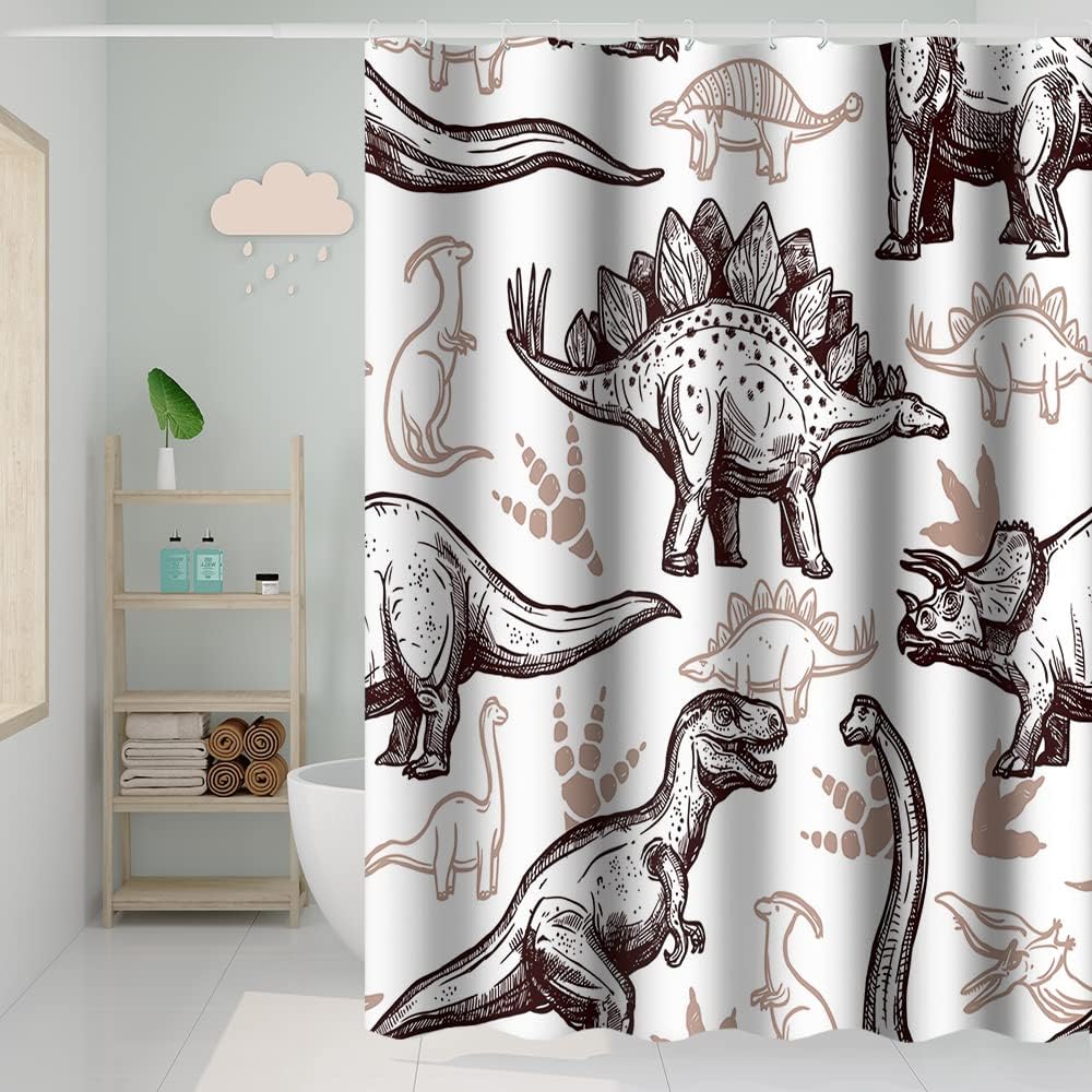 Rainforest Green Dinosaur Theme Shower Curtain-With 12 Hooks, Waterproof Fabric Bathroom Decorative Shower Curtain