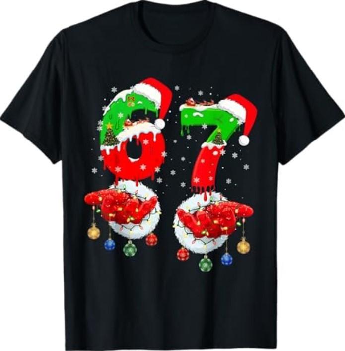 Funny Six Seven 67 Meme 6 7 Christmas Santa Hand T-Shirt Unisex T-Shirt