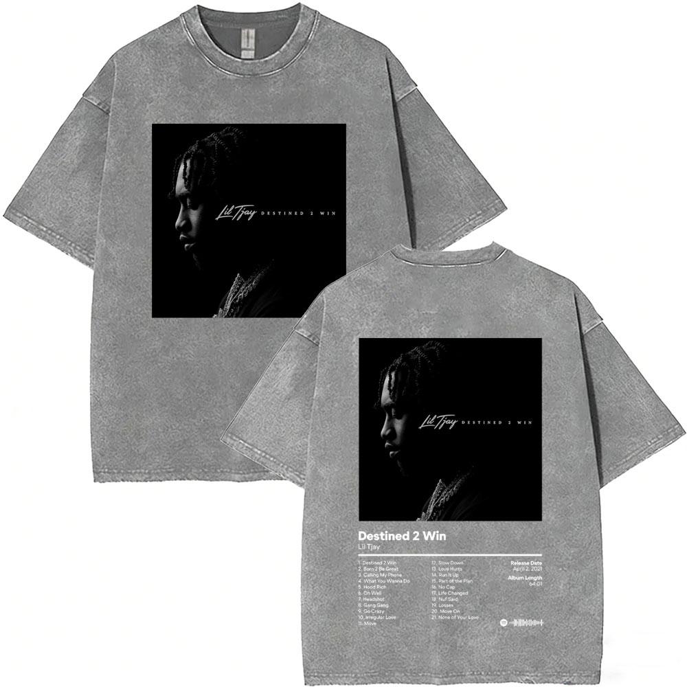 Washed Vintage Rapper Lil Tjay Face Graphic Tshirt Destined Win Tshirts Men Women Hip Hop Fashion High Quality T Shirts Tops