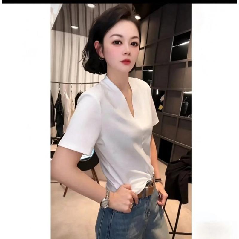 A Popular Live Broadcast, a New Fashionable V-neck Solid Color Simple and Versatile Short-sleeved T-shirt In Summer