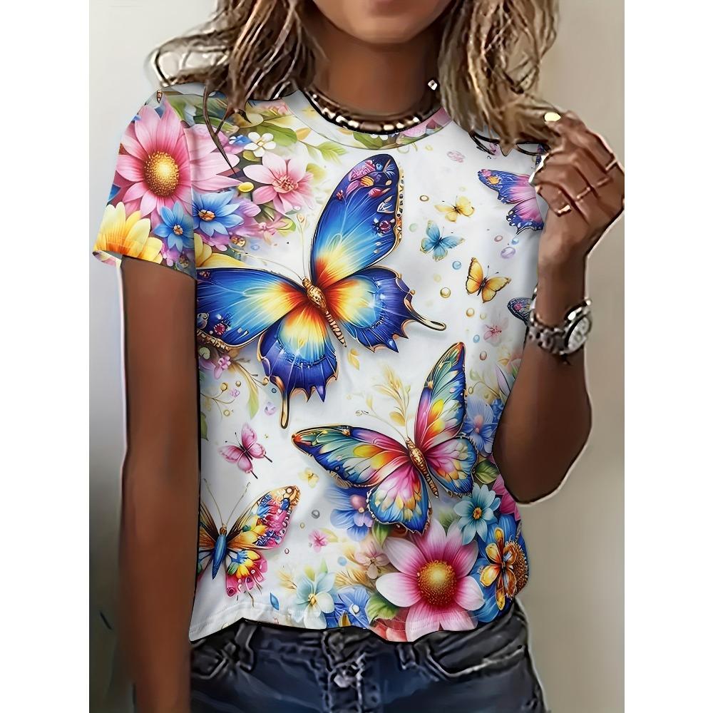 Summer Fashion Women's T-shirt Beautiful Flower Pattern Printed T-shirt Round Neck Short Sleeve Regular Top Women's T-shirt
