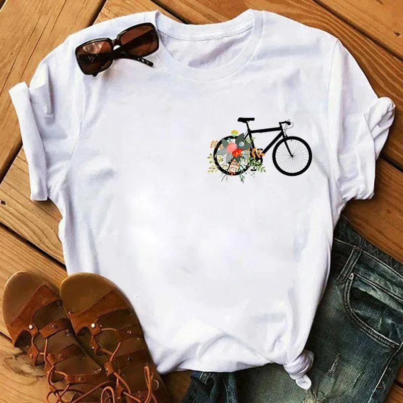 Spring Summer Ladies Floral Bicycle Pattern Fashion Cartoon Print White Letter T-shirt Woman Clothes T Shirt Tops Tee Graphic