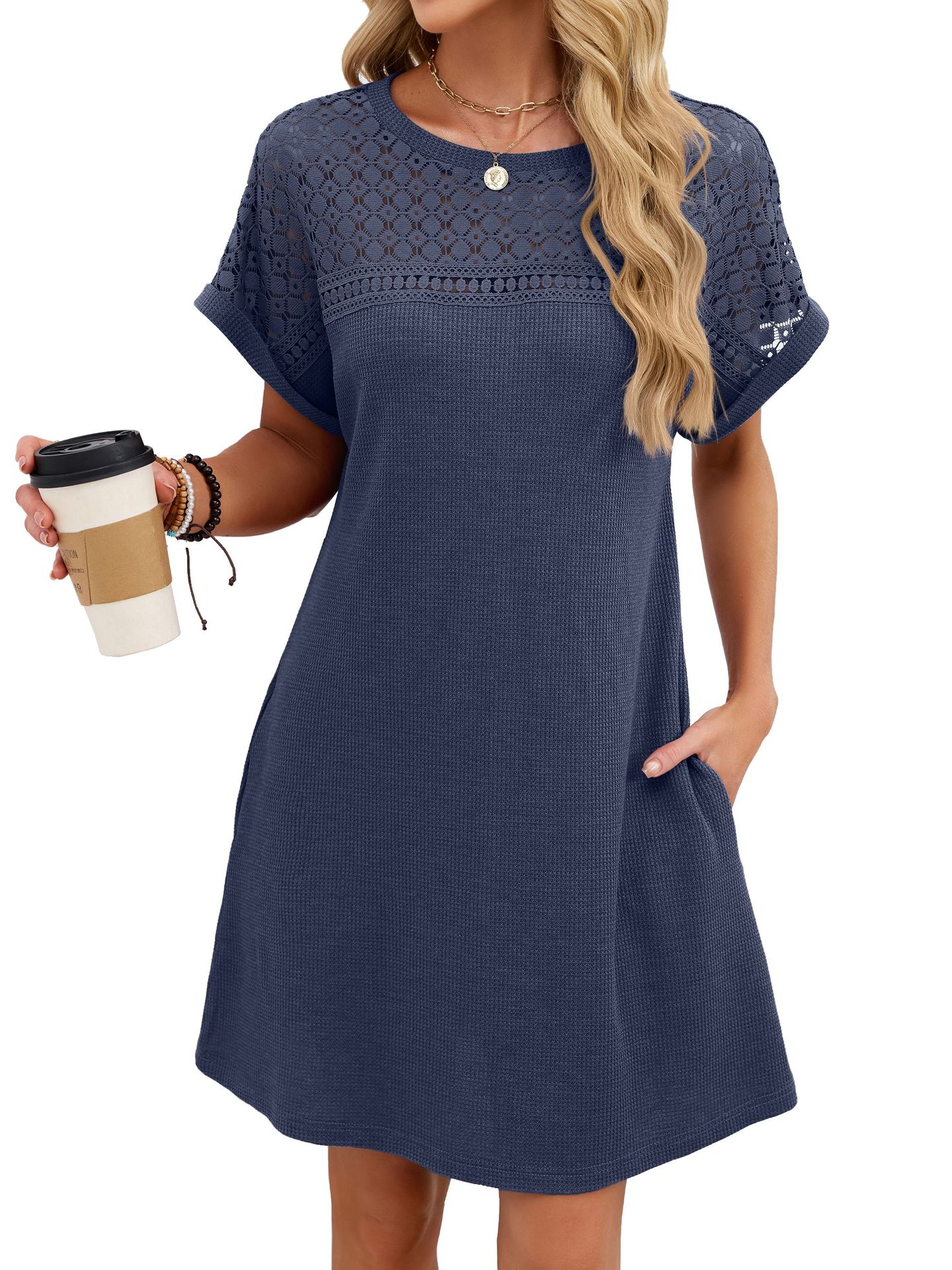 

European Style Spring and Summer Round Neck Color Block Short Sleeve Women Maxi Dress L тёмно-синий