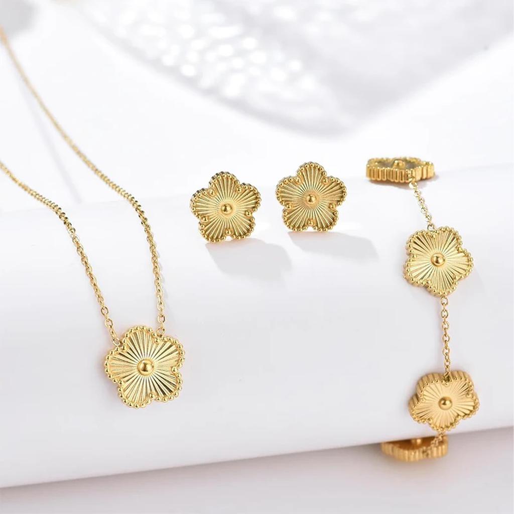 Metal Laser Five Leaf Flower Bracelet Necklace Earrings Zircon Set Classic For Woman Stainless Steel Zircon Daily Wear Clover