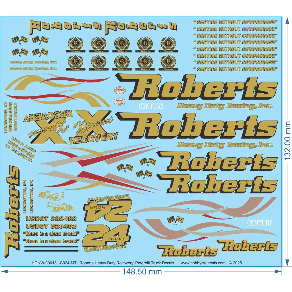 Roberts Heavy Duty Recovery' Peterbilt Truck Decals - 1/24 - Water Decal