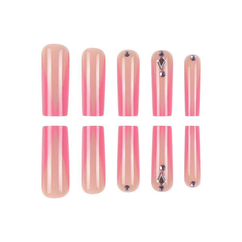 Pink French Style Press-On Nails With Rhinestones Simple Wearable Nail Tips Women Gel Adhesive Jelly Glue Options