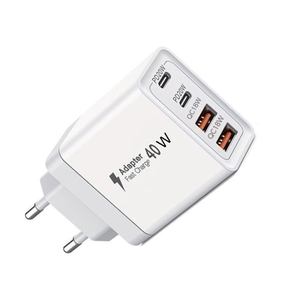 40W EU Standard 4-Port Fast Charger: 2 USB-C & 2 USB-A for Mobile Phones & Watches
