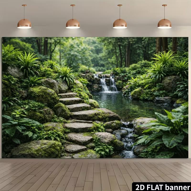 2D Japanese Garden Banner, Stone Steps & Waterfall Backdrop for Decor & Studio