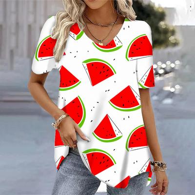 Damen T-Shirts mit V-Ausschnitt und 3D-Wassermelonen-Print für den Sommer, coole Kurzarm-Oberteile, modische, lässige, lockere Pullover für Damen